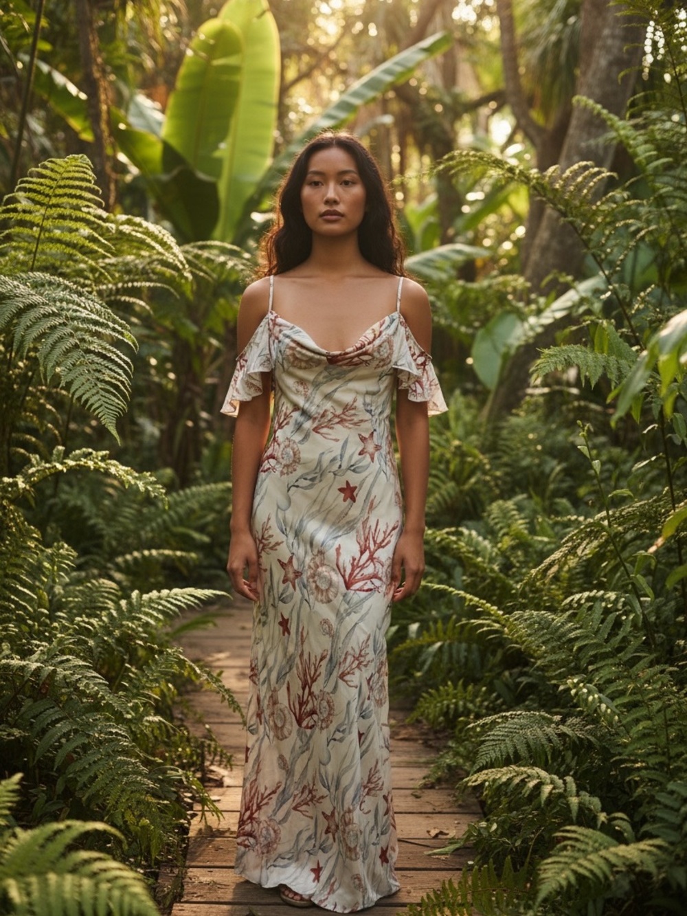 #186 Off-Shoulder Maxi Slip Dress in Ivory with Red Coral Print
